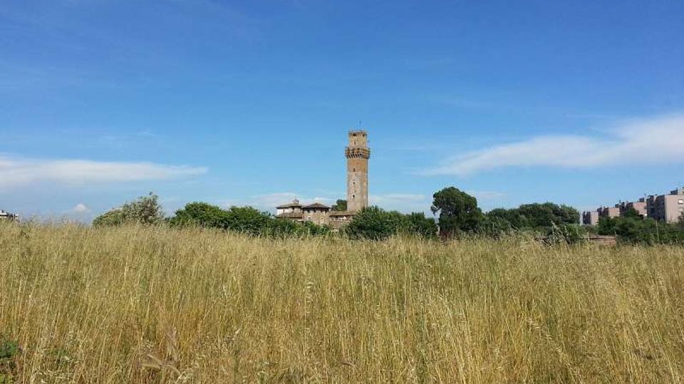 Ampio prato di erba alta in primo piano con una torre in pietra alta e quadrata che svetta tra alberi e vegetazione sullo sfondo. A destra si intravedono edifici residenziali sotto un cielo azzurro con leggere nuvole.
