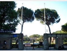 Ingresso recintato delle Terme di Caracalla con cancelli in metallo e pilastri in muratura, affiancato da due alti pini marittimi e pennoni. Sullo sfondo si vedono aree verdi e le rovine archeologiche all’interno del sito.