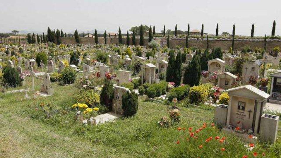 Cimitero all’aperto su un pendio erboso, con numerose lapidi e piccoli monumenti in pietra disposti in file tra cespugli e fiori. Sullo sfondo si vedono filari di cipressi e un muro lungo il perimetro.