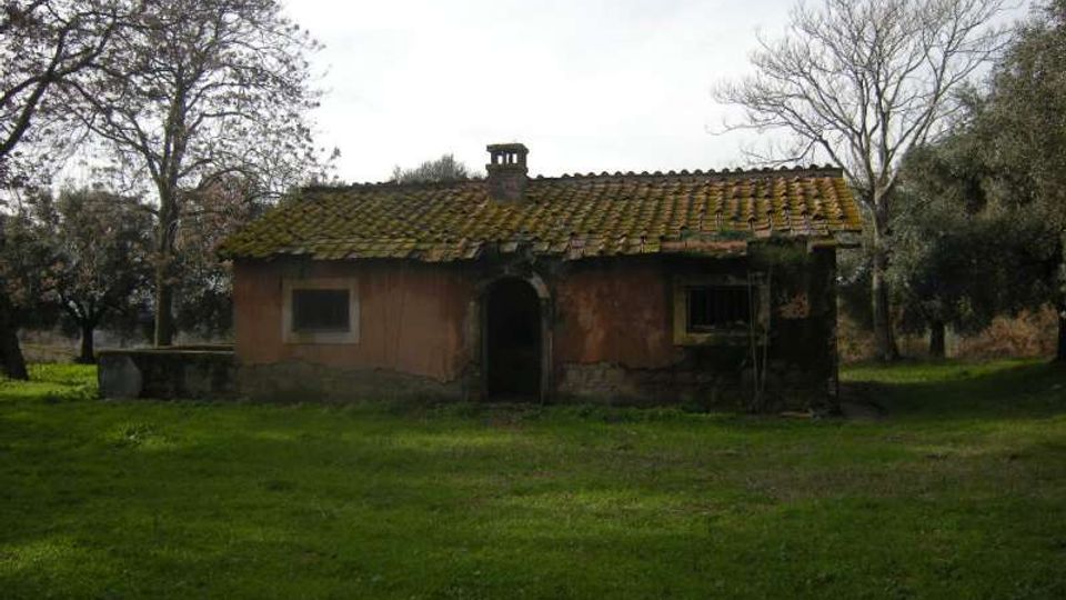 Piccola casa rurale a un piano con intonaco scrostato e tetto di tegole invecchiate, con ingresso centrale ad arco e una piccola canna fumaria. L’edificio è circondato da un prato e da alberi, in un contesto di campagna.