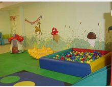 Area giochi interna per bambini con pavimento morbido verde, piscina di palline colorate imbottita e piccoli giochi in plastica. Parete decorata con murales a tema natura e compleanno, con funghi, animali e scritta “Happy Birthday”.