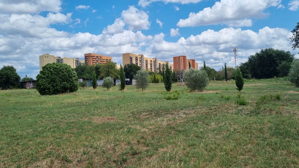 Ampio prato urbano con erba rada e piccoli alberi e cespugli sparsi, con alcune baracche basse sullo sfondo. All’orizzonte si vedono palazzi residenziali a più piani e un traliccio per telecomunicazioni sotto un cielo azzurro con nuvole.