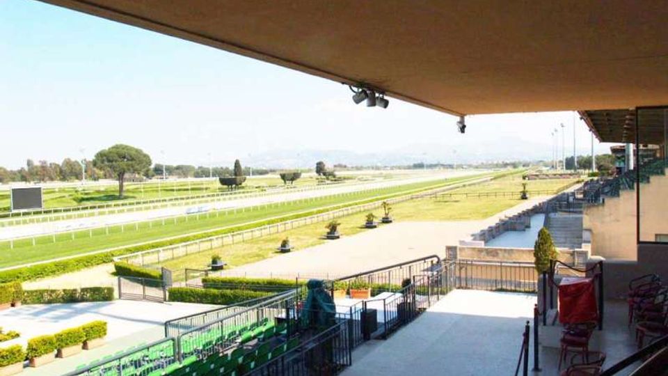 Vista dalle tribune coperte di un ippodromo, con file di sedili verdi e parapetti metallici affacciati su una lunga pista erbosa delimitata da staccionate bianche. Sullo sfondo si vedono campi aperti, alberi sparsi e montagne lontane sotto un cielo chiaro.
