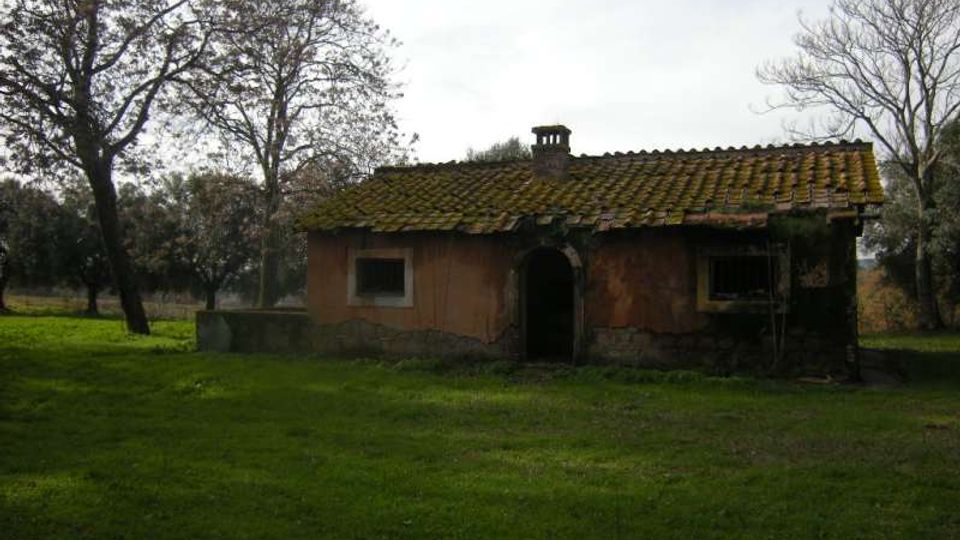 Piccola casa rurale in muratura con tetto di tegole coperto di muschio e camino centrale, con ingresso ad arco e finestre ai lati. È circondata da un prato verde con alberi sparsi e vegetazione bassa sullo sfondo.