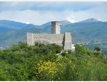 Castello in pietra con mura merlate e torre centrale su una collina, circondato da vegetazione e cespugli fioriti in primo piano. Sullo sfondo si vedono una valle e una catena montuosa sotto un cielo parzialmente nuvoloso.