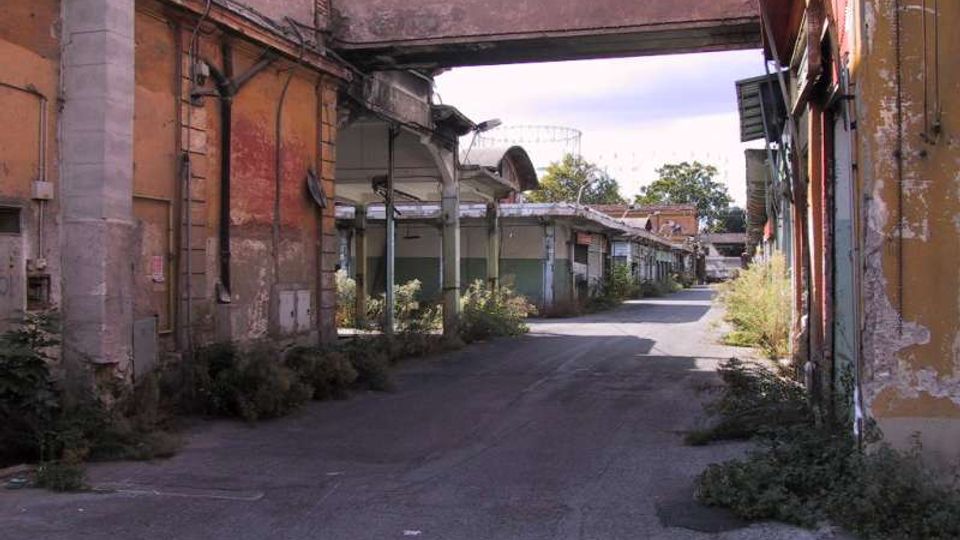 Strada asfaltata in un complesso industriale dismesso, fiancheggiata da edifici bassi con pareti scrostate e capannoni con tettoie in metallo. Un passaggio sopraelevato collega due strutture sopra la carreggiata, con vegetazione incolta lungo i bordi.
