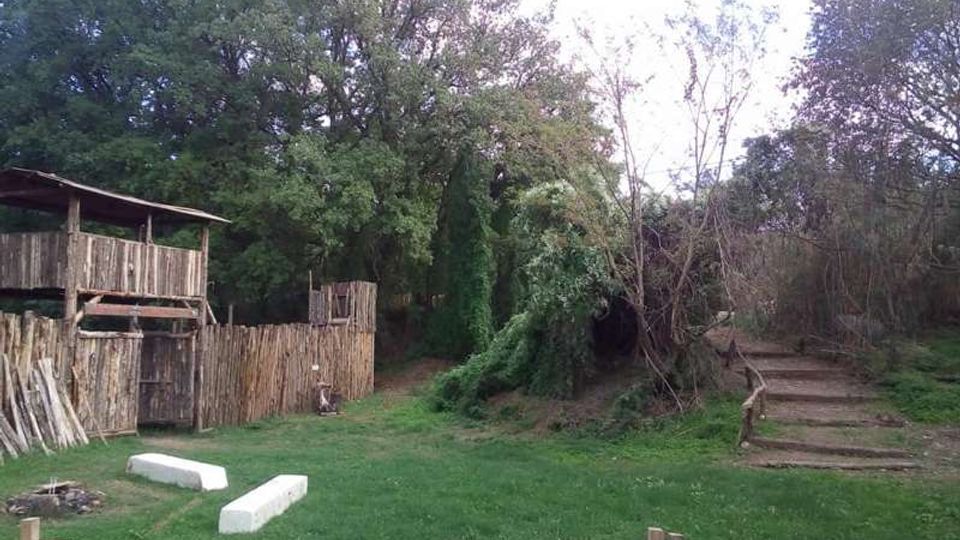 Spazio verde erboso con grandi alberi sullo sfondo e una struttura in legno tipo capanno con recinzione a sinistra. A destra si vede un sentiero con gradini che sale tra la vegetazione.