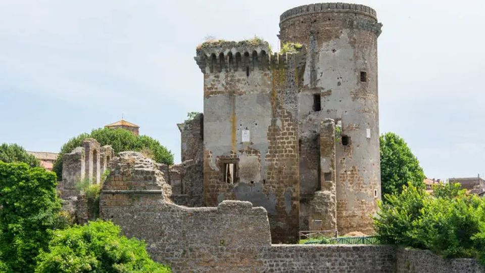 Rovine di un castello in pietra con una grande torre cilindrica e una torretta merlata, con mura parzialmente crollate e finestre aperte. La struttura è circondata da alberi e vegetazione, con un cielo chiaro sullo sfondo.