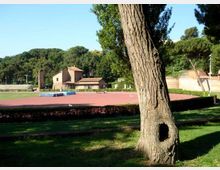 Pista di atletica all’aperto con anello rosso e area verde centrale, circondata da alberi e prati. In primo piano si vede il tronco di un grande albero, con alcune strutture e piccoli edifici sullo sfondo.