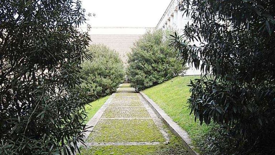 Vialetto in pietra e muschio che attraversa un’area verde in lieve pendenza, fiancheggiato da siepi e alberi. Sullo sfondo si intravedono edifici e un muro chiaro ai lati del percorso.