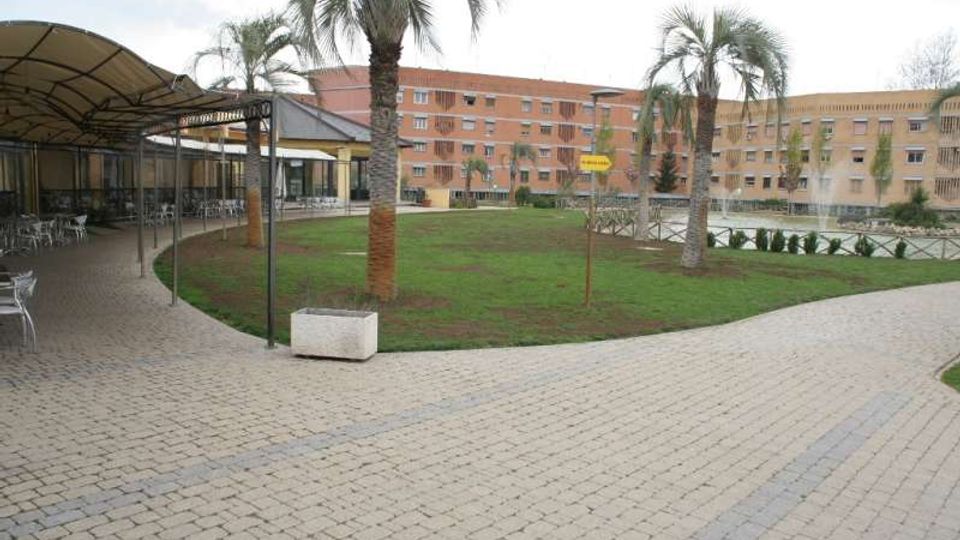 Cortile esterno con vialetto pavimentato che curva attorno a un’area verde con palme e piccole siepi. Sullo sfondo si vedono edifici a più piani in mattoni e intonaco e, a sinistra, una struttura coperta tipo pergolato con tavoli e sedie.