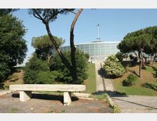 Vista di un parco su un pendio con alberi ad alto fusto e una panchina in cemento in primo piano. Una lunga scalinata centrale conduce a un edificio moderno con facciata curva in vetro sullo sfondo.