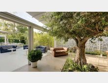 Terrazza coperta con pavimento chiaro, arredata con divani in pelle stile Chesterfield e tavolini bassi, affacciata su un’area verde. In primo piano un grande albero in una aiuola, con parete di fondo decorata da pannelli geometrici e vegetazione lungo il perimetro.