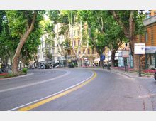 Viale urbano curvo alberato, con grandi alberi ai lati della carreggiata e aiuole fiorite lungo il marciapiede. Sullo sfondo si vedono palazzi in stile storico e vetrine di negozi con fermate e cartelli stradali.