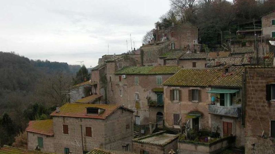 Borgo collinare con case in pietra addossate tra loro e tetti spioventi in coppi, disposte su più livelli lungo un pendio. Sullo sfondo si vedono alberi spogli e una valle boscosa sotto un cielo coperto.