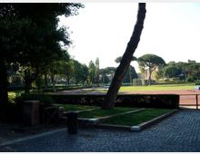 Parco con viale lastricato in pietra e aiuole, affiancato da alberi alti, tra cui un tronco inclinato in primo piano. Sullo sfondo si vede un’ampia area sportiva con pista o campo delimitato e lampioni, circondata da vegetazione.