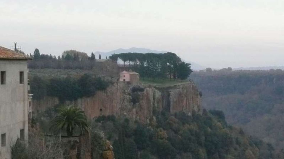Veduta panoramica di una rupe rocciosa con pareti a strapiombo, sormontata da un gruppo di alberi e da un piccolo edificio. Ai margini si intravede una costruzione in muratura, con una valle boscosa e colline sfumate sullo sfondo sotto un cielo coperto.
