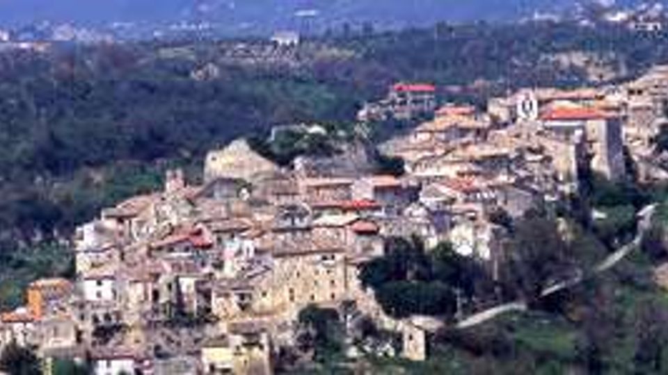 Veduta panoramica aerea di un borgo collinare con case in pietra e tetti in laterizio addossate tra loro, circondato da aree boscate e campi. Sullo sfondo si estende il paesaggio rurale con colline e vegetazione.
