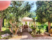 Gazebo da giardino con tetto beige e tende bianche, con tavoli e sedie su un vialetto in pietra. L’area è circondata da alberi alti e piante ornamentali, con aiuole e prato in un contesto verde all’aperto.