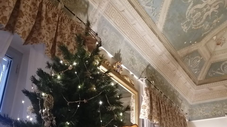 Interno di una sala con soffitto alto decorato a riquadri con stucchi e motivi classici, cornici ornate e tende pesanti a fantasia. In primo piano si vede un albero di Natale illuminato con lucine, vicino a una finestra e a uno specchio con cornice dorata.