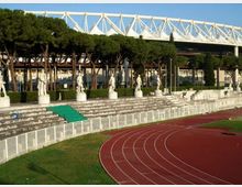 Stadio con pista di atletica rossa in curva e gradinate in cemento, lungo le quali sono allineate statue su piedistalli. Sullo sfondo si vedono una fila di pini e la struttura bianca a traliccio di una tribuna o copertura dello stadio.