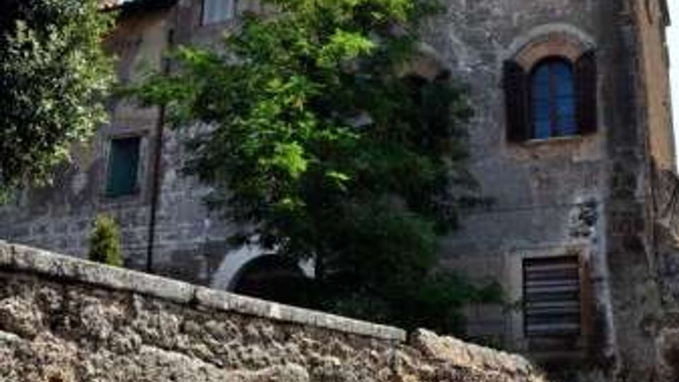 Edificio storico in pietra e mattoni con torre merlata e finestre ad arco, parzialmente coperto da alberi. In primo piano si vede un alto muro in pietra con piccole aperture ad arco e un cancello, sotto un cielo sereno.