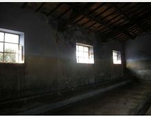 Interno di un edificio rurale o magazzino con pareti scrostate e macchiate di umidità, tre piccole finestre rettangolari con inferriate e luce naturale che entra. Soffitto alto con travi in legno a vista e pavimento in cemento con una canaletta lungo il muro.