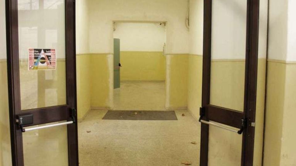 Ingresso interno con doppia porta a battente in legno scuro e vetro, aperta su un corridoio con pareti bianche e fascia inferiore giallo pallido. Pavimento in piastrelle grigie a scacchiera e soffitto con volte ad arco.