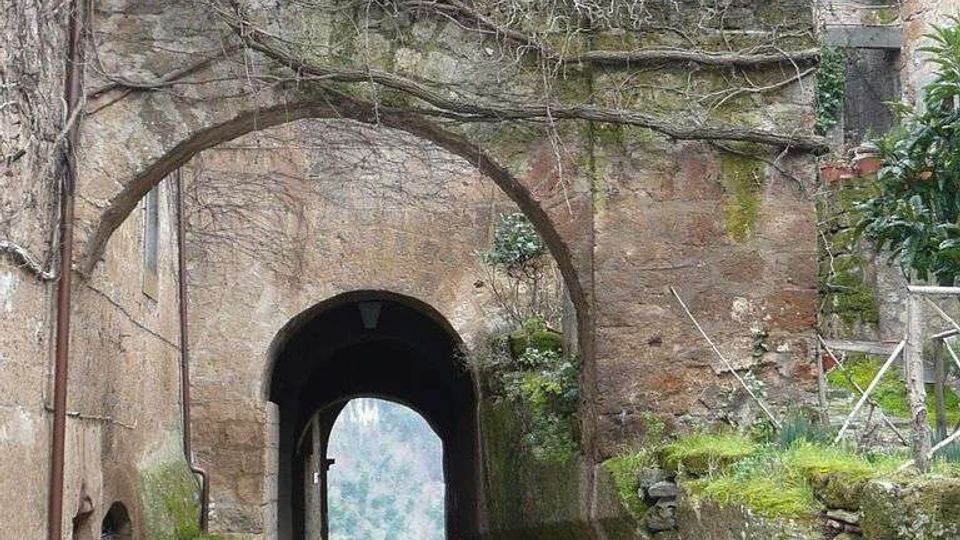 Strada acciottolata in un borgo storico che attraversa un grande arco in pietra, formando un passaggio coperto tra edifici in muratura. Muri con muschio e rami rampicanti circondano il tunnel, con una vista sulla valle visibile in lontananza oltre l’uscita.