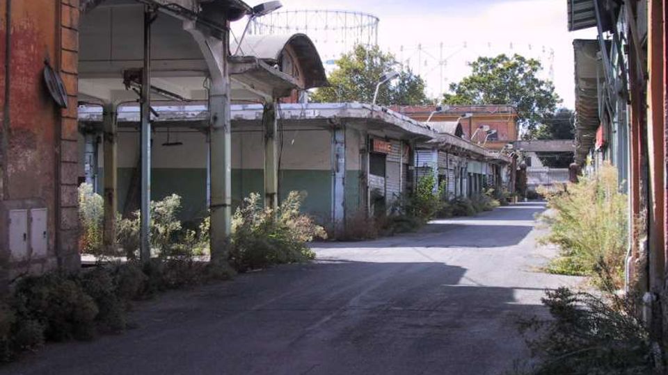 Vicolo asfaltato all’interno di un complesso industriale dismesso, fiancheggiato da capannoni con pensiline e colonne in cemento e serrande chiuse. Vegetazione spontanea cresce lungo i bordi e tra le strutture, con alberi visibili sullo sfondo.
