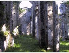 Rovine di una chiesa in pietra senza tetto, con alte colonne e archi parzialmente crollati che delimitano la navata. Il pavimento è coperto d’erba e vegetazione, con luce naturale che entra tra le pareti e gli aperture.