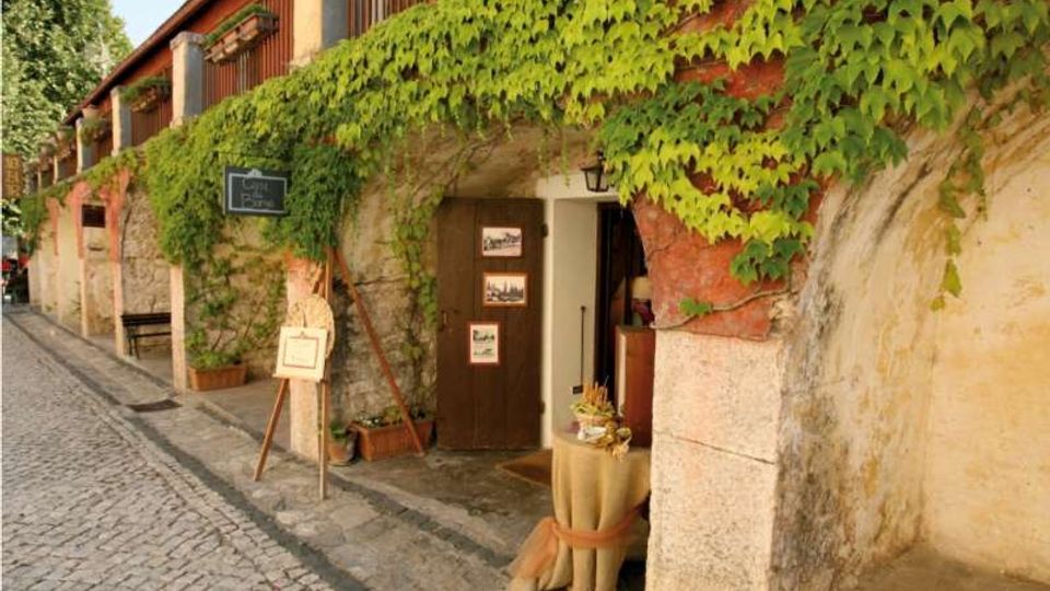 Facciata di un edificio in pietra lungo una strada acciottolata, con arcate e ingresso con porta in legno e insegna. La parete è ricoperta da edera verde e sono presenti vasi e un piccolo pannello espositivo vicino all’entrata.