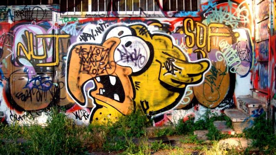 Facciata di un edificio industriale dismesso con finestre superiori protette da grate e parete interamente coperta da graffiti colorati, tra cui un grande murale di un personaggio stilizzato. In primo piano terreno incolto con erba alta e detriti.