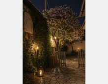 Cortile in pietra di notte con muro in pietra ricoperto d’edera, piccolo cancello in legno e lanterne accese a terra e su paletti. Al centro un albero in fiore illuminato, con edifici dai tetti in tegole sullo sfondo.