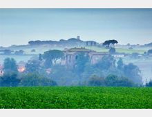 Vista di una campagna collinare con un ampio campo verde in primo piano e, sullo sfondo, un borgo con edifici in muratura tra alberi e pini a ombrello, avvolto da una leggera foschia. In lontananza si distinguono profili di colline e una torre su un crinale.