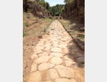 Antica strada lastricata in pietra che attraversa una stretta gola, con pareti rocciose su entrambi i lati e vegetazione bassa lungo i bordi. Sullo sfondo si vede un’area boscosa che chiude il passaggio.