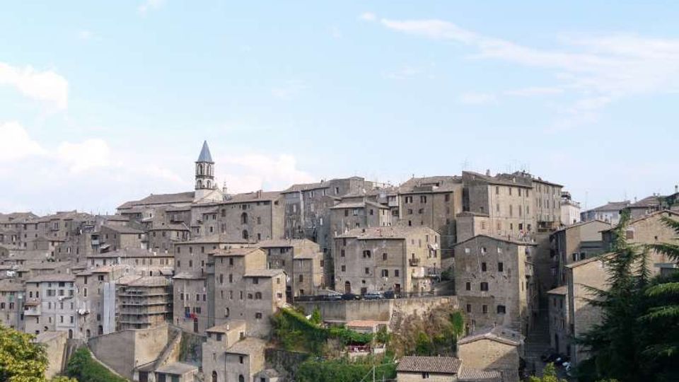 Vista panoramica di un borgo collinare con fitti edifici in pietra dai tetti in coppi e una torre campanaria che spicca sullo sfondo. In primo piano si vedono pendii verdi e alberi ai margini dell’abitato sotto un cielo chiaro.