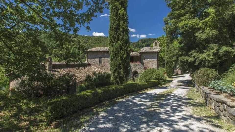 Viale sterrato di ghiaia bordato da siepi e alberi alti, che conduce a un complesso di edifici in pietra con tetti in coppi. Sullo sfondo si vedono colline boscose sotto un cielo azzurro.