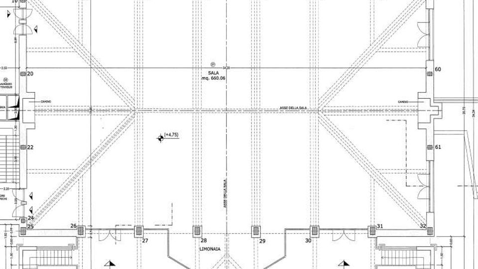 Pianta architettonica in bianco e nero di un grande salone centrale con griglia di pilastri e travi, accessi e porte sui lati e due vani scala simmetrici agli angoli. Sono indicati anche spazi come disimpegni, loggia e limonaia, con quote e linee strutturali tratteggiate.