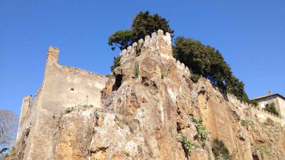 Rovine di una fortificazione in pietra con merli, arroccata sulla sommità di una rupe rocciosa. Sulla cima e lungo il crinale si vedono alberi e vegetazione, con cielo sereno sullo sfondo.