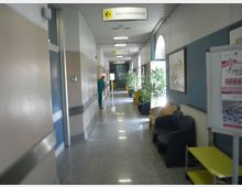 Corridoio interno di un ospedale con pavimento lucido, pareti bicolori e insegne a soffitto, tra cui “SALA CHIRURGICA”. Lungo il lato destro ci sono sedute d’attesa, piante in vaso e grandi finestre ad arco con luce naturale.