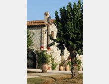 Casa rurale in pietra con tetto in coppi e camino, affacciata su un cortile con scala esterna e vasi in terracotta. In primo piano si vede un grande albero e un’area con ghiaia e prato.