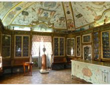 Interno di una sala storica con soffitto a volta affrescato e pareti rivestite da grandi vetrine lignee ornate, piene di piccoli oggetti esposti. Al centro si vede una finestra con tende leggere e un piedistallo, mentre in primo piano c’è un bancone decorato e il pavimento in piastrelle.