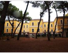 Edificio storico a due piani con facciata gialla e file di finestre rettangolari, circondato da un’area boschiva. In primo piano si vedono alti pini con tronchi inclinati e terreno coperto di aghi e foglie.