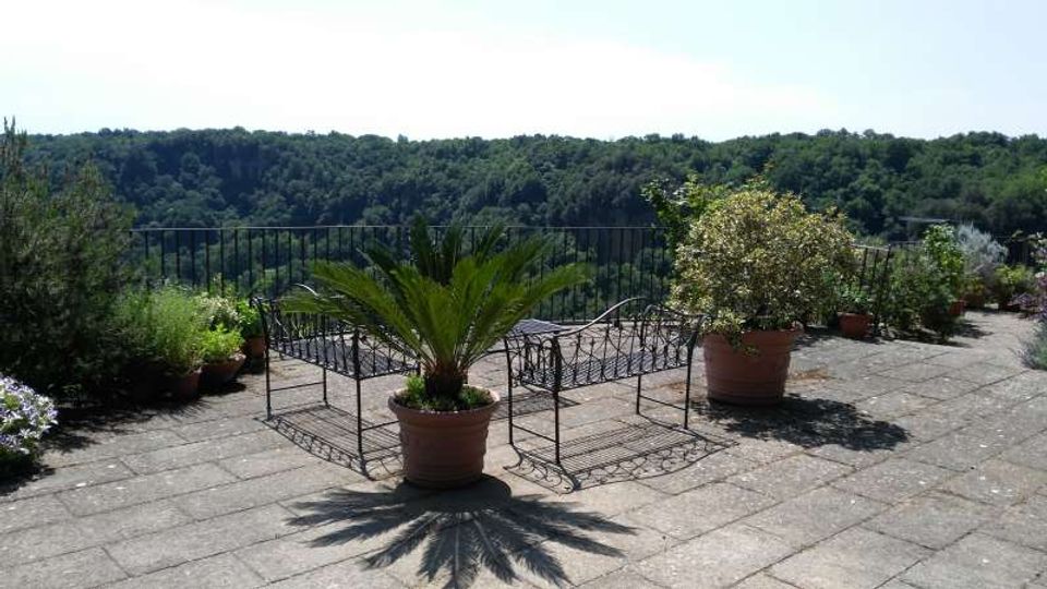 Terrazza panoramica pavimentata in pietra con ringhiera in ferro e set di sedie e tavolo in ferro battuto, circondati da grandi vasi con piante. Sullo sfondo si vede una vasta collina boscosa sotto cielo limpido.