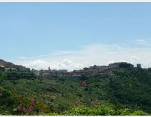 Veduta panoramica di una cittadina su una collina, con edifici compatti e una torre tra le case. In primo piano si estende una valle verde e boscosa con vegetazione fitta e fiori rosa sotto un cielo azzurro.