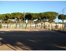 Campo sportivo all’aperto con ampia superficie asfaltata, recinzione metallica e rete alta su un lato. Sullo sfondo si vedono edifici bassi con muri coperti di graffiti, un lampione e una fila di pini sotto un cielo sereno.