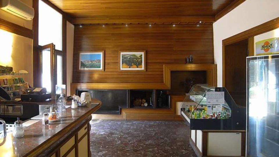 Interno di un piccolo bar con rivestimenti in legno su pareti e soffitto, bancone lungo sulla sinistra e pavimento in marmo scuro. Sul fondo c’è un grande camino incassato con quadri sopra, mentre a destra si vedono una vetrina espositiva e un frigorifero verticale per bevande.