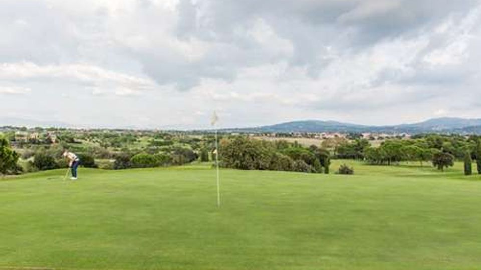 Ampio green di un campo da golf con bandierina al centro, circondato da prato rasato e alberi. Sullo sfondo si vedono colline e una valle con edifici sparsi sotto un cielo nuvoloso.