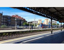 Banchine della stazione ferroviaria Roma Trastevere con binari multipli e pensilina in ferro, illuminate dal sole. Sullo sfondo si vedono un treno regionale fermo, cartelli di stazione, lampioni e palazzi residenziali.